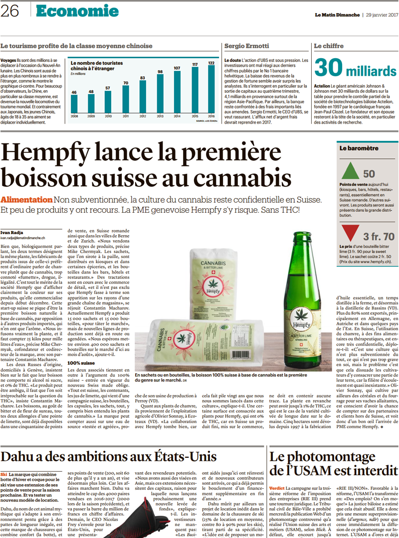 Le Matin 29.01.17: Hempfy lance la première boisson suisse au cannabis